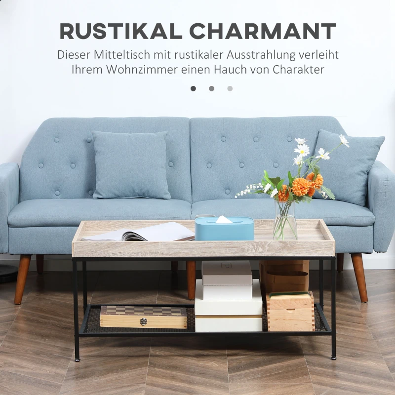 HOMCOM Couchtisch, Beistelltisch, mit Gitterablage, erhöhter Tischrand, Stahlrahmen, Holzplatte, 100 x 50 x 46,5cm