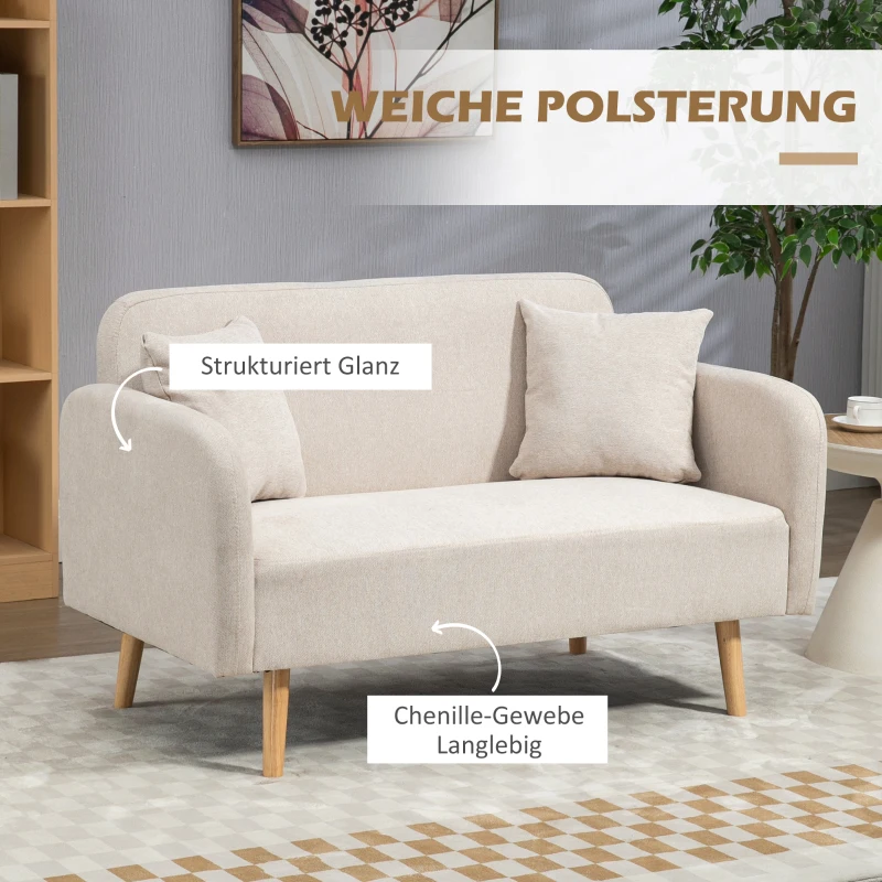 HOMCOM 2-zitsbank, Moderne Design Bank, inclusief 2 kussens, houten poten, 130 x 70 x 80 cm, Crème(m-4)