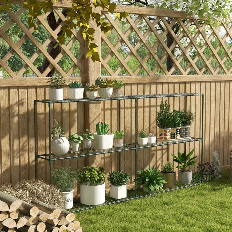 Outsunny Drielaagse Bloemenstandaard, Plantenrek voor Kassen, Schuren, Garages, 222x30x114 cm, Donkergroen