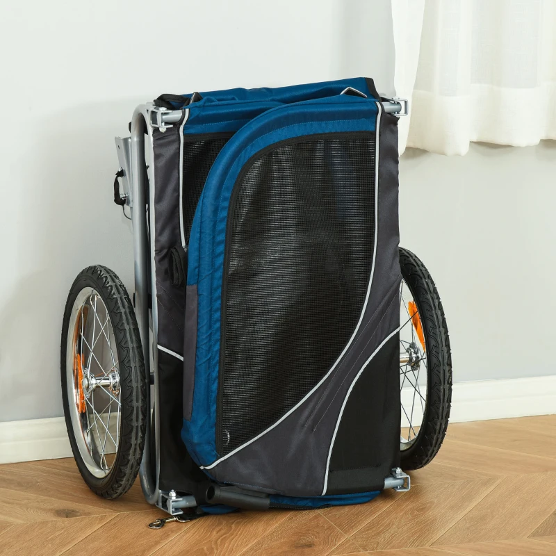 PawHut 2-in-1 Hundeanhänger Haustier Fahrradanhänger Hundetransporter Hunde Fahrrad Anhänger Oxfordstoff Atmungsaktiv Metall Oxford Gewebe Blau+Grau 122 x 58 x 74 cm