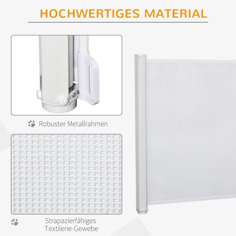 PawHut Treppenschutzgitter 115 cm Hunde Türschutzgitter Treppenschutz Sicherheitstrennwand Trennwand Türschutz ausziehbar treppenschutzrollo Rollo Einrollbar kunststoff Weiß