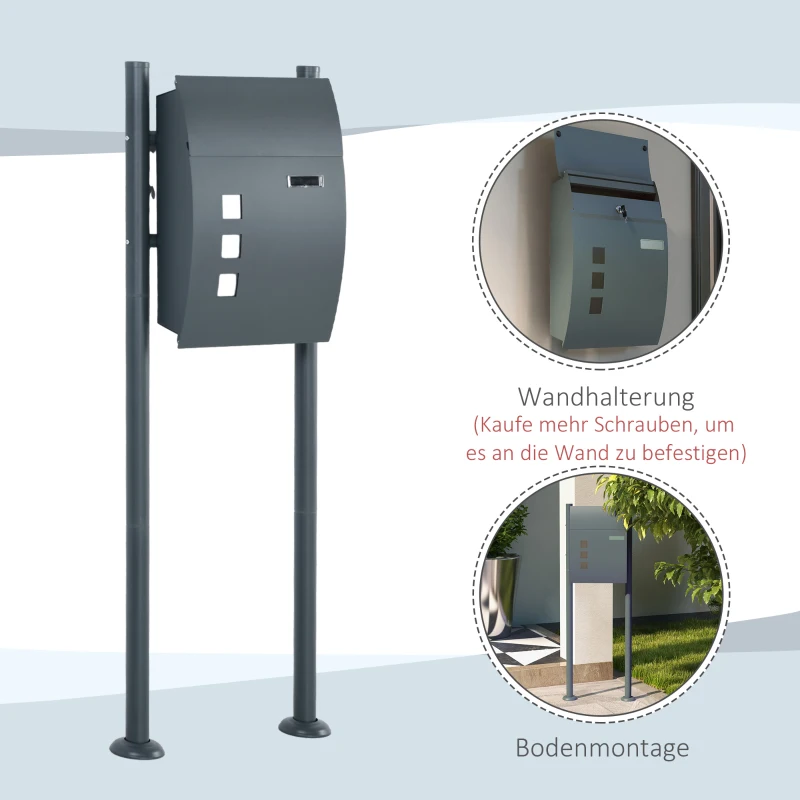 HOMCOM Skrzynka na Listy, Skrzynka na Listy, Zamek, Stojak na Listy, 2 Klucze, Stal, 44 cm x 15 cm x 114 cm, Szary