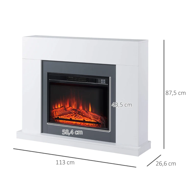 HOMCOM LED elektrische haard staande haard haardkachel met vlameffect 1800 / 2000W MDF PB panelen staal glas PP kunststof PVC wit 113 x 26,6 x 87,5 cm(m-3)