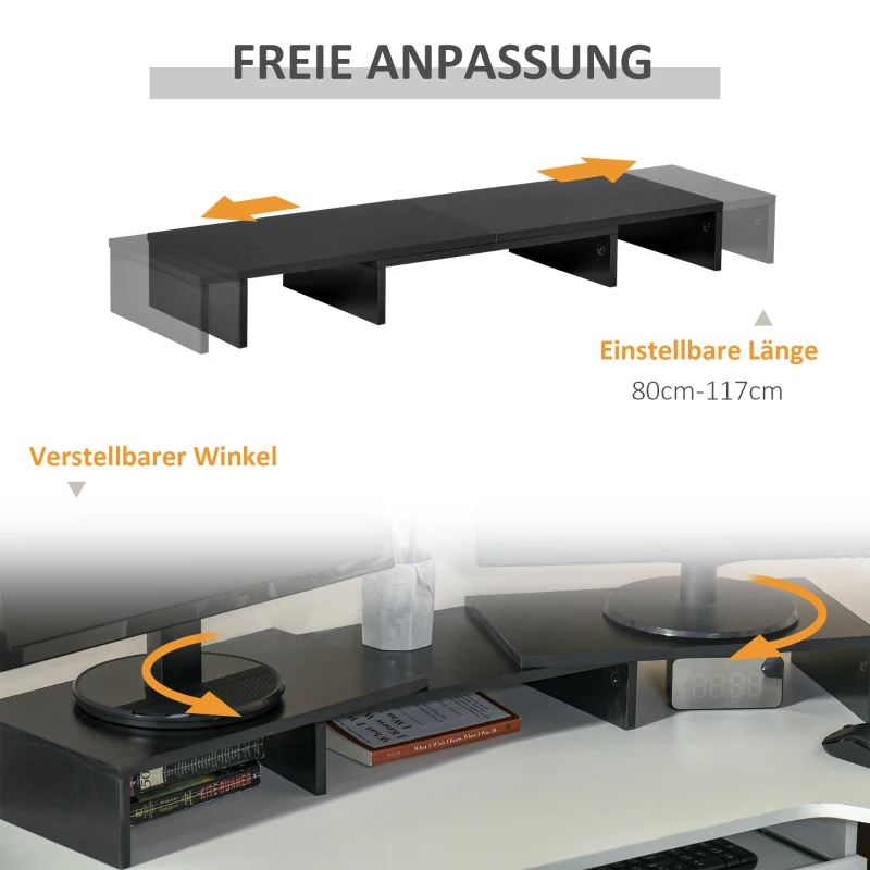 Vinsetto Monitorstandaard Verstelbare Lengte & Hoek Dubbele Monitor Standaard Houten Schap Monitorhouder voor Computerscherm Laptop 80-117 x 23,5 x 10 cm
