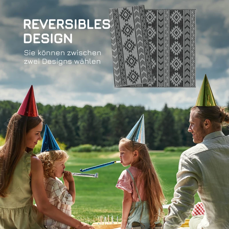 Outsunny vloerkleed voor buiten, waterdicht, dubbelzijdig ontwerp, hoogwaardige kunststofvezel, zwart+grijs, 182 x 274 cm