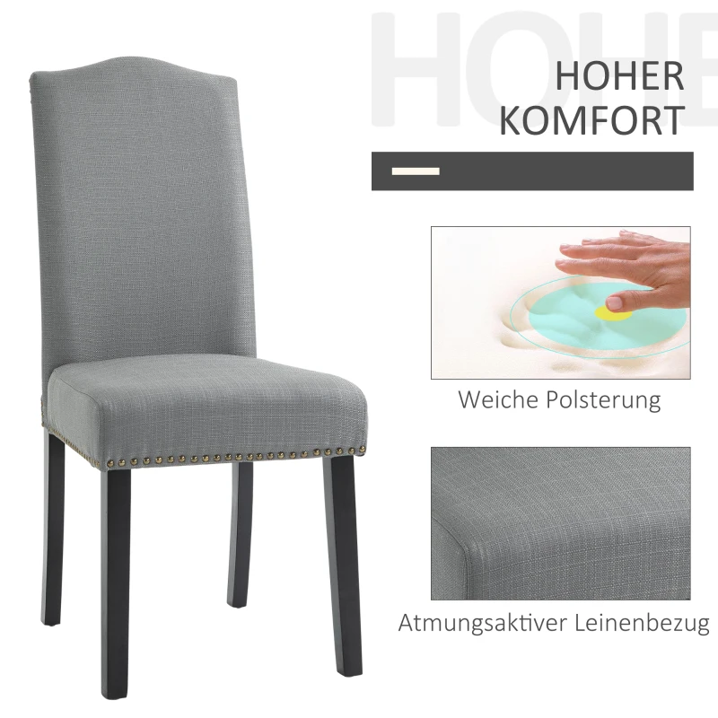 HOMCOM Esszimmerstühle 2er Set Küchenstuhl mit Rückenlehne, Sitzfläche aus Leinen, Schaumstoff, E1 MDF Kautschukholz, Grau, 47x63,5x103,5 cm