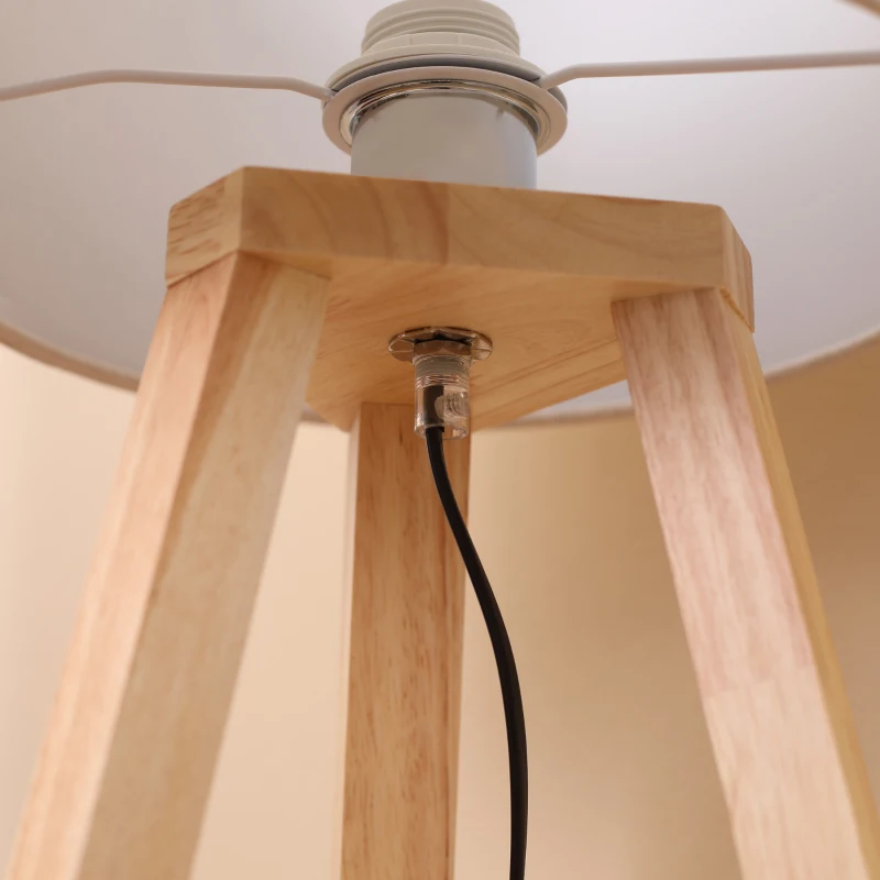 HOMCOM Tischlampe aus Holz Nachttischlampe 58 cm Tischleuchte E27-Fassung 40 W Leinen-Schirme Holzfuß Creme+Natur