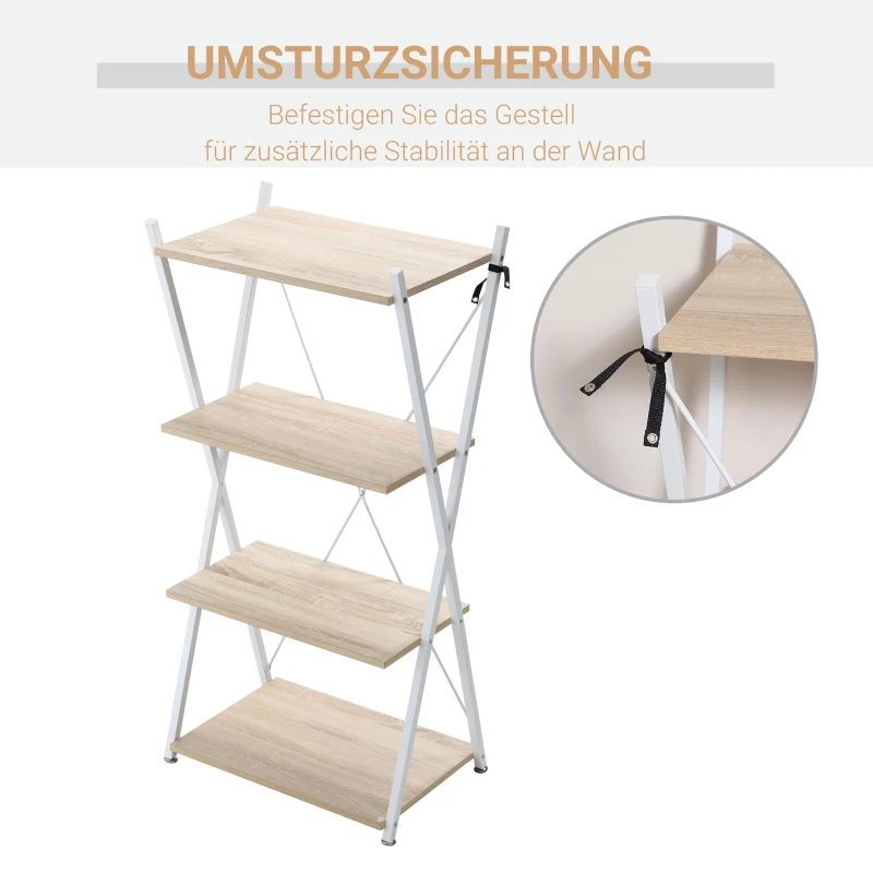 HOMCOM Bücherregal X-Form Standregal mit 4 Ebenen Aufbewahrungsregal für Wohnzimmer Schlafzimmer Küche Büro Spanplatte Metall Natur 54 x 35 x 110 cm
