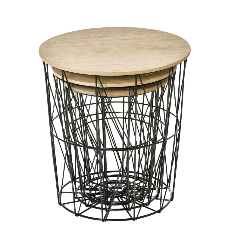 HOMCOM Couchtisch Beistelltisch 3-teilig Nachttisch Korbtisch mit abnehmbaren Deckel mit durchbrochenes modernes Design Satztisch Wohnzimmer Schlafzimmer Metall MDF Naturholz+Schwarz  Ø42 x 45H cm