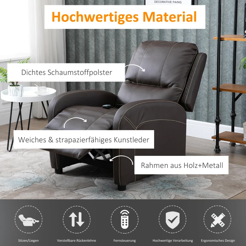 HOMCOM Massagesessel TV-Sessel elektrisch Relaxsessel Wohnzimmersessel 165°-Neigung PU Metall dunkelbraun 70 x 88 x 100 cm