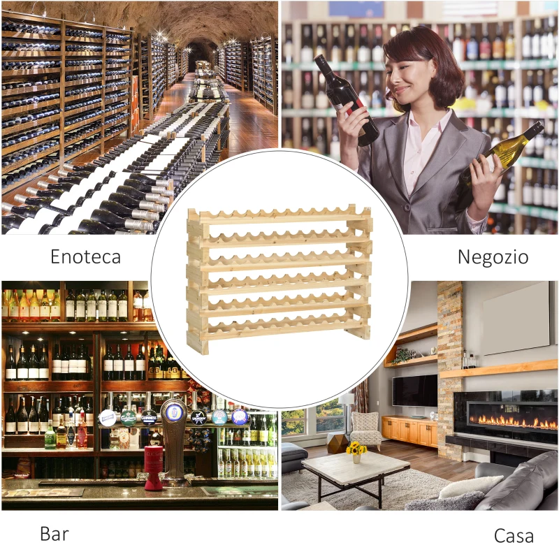 HOMCOM Scaffale Portabottiglie in Legno di Abete, Cantinetta Portabottiglie con 6 Ripiani per 72 Bottiglie e Peso Massimo 100 kg, 114x28x85 cm, Legno Naturale