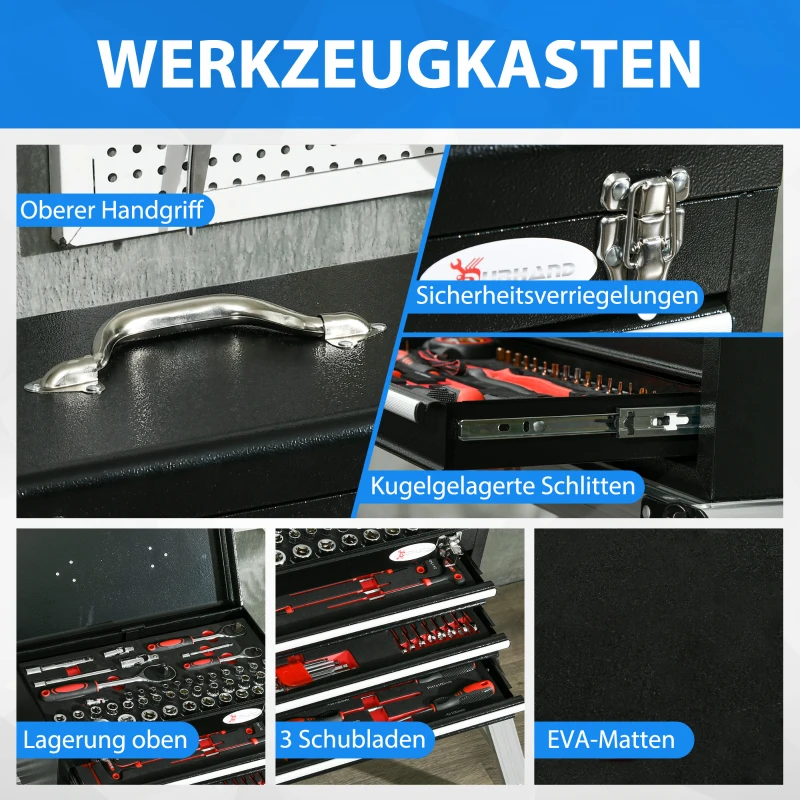 DURHAND Werkzeugkist met 116-delige gereedschapset, verrijdbaar, afsluitbaar, stalen behuizing, 45 x 24 x 27 cm, Zwart