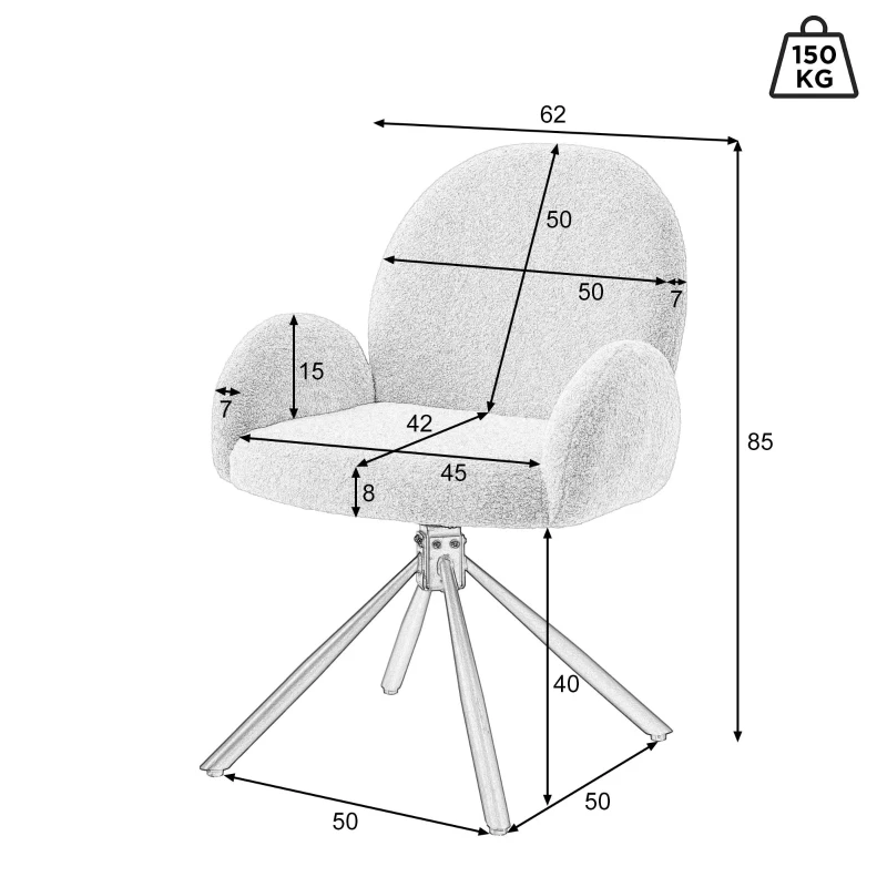 Silla de Comedor Giratoria Acolchada en Tela Sherpa con Brazos Diseño Moderno Gris