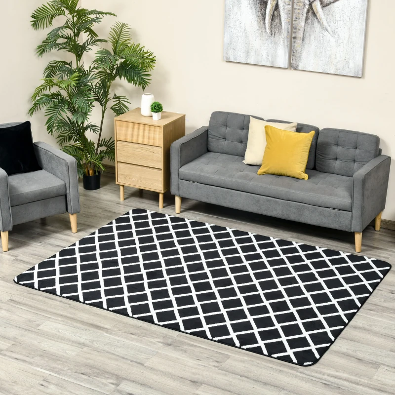HOMCOM Teppich mit Rautenmuster, Vliesunterlage, 230 cm x 160 cm x 0,7 -0,8 cm, Schwarz + Weiß