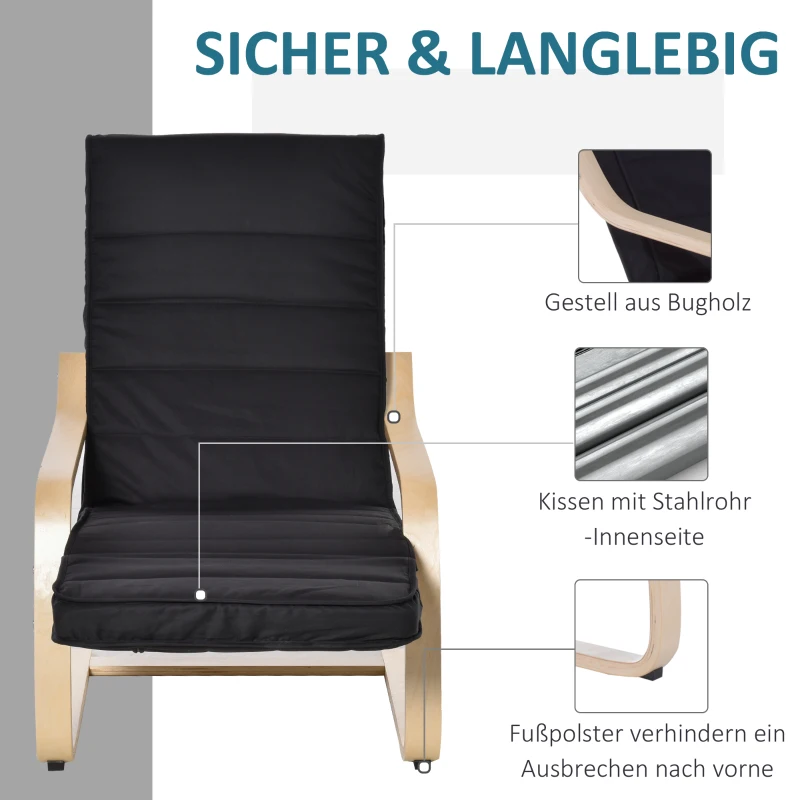 HOMCOM® Relaxsessel Ruhesessel Relaxstuhl Fernsehsessel Sessel modern Balkon verstellbares Fußteil Auflage Holz Schwarz 66,5 x 81 x 100cm