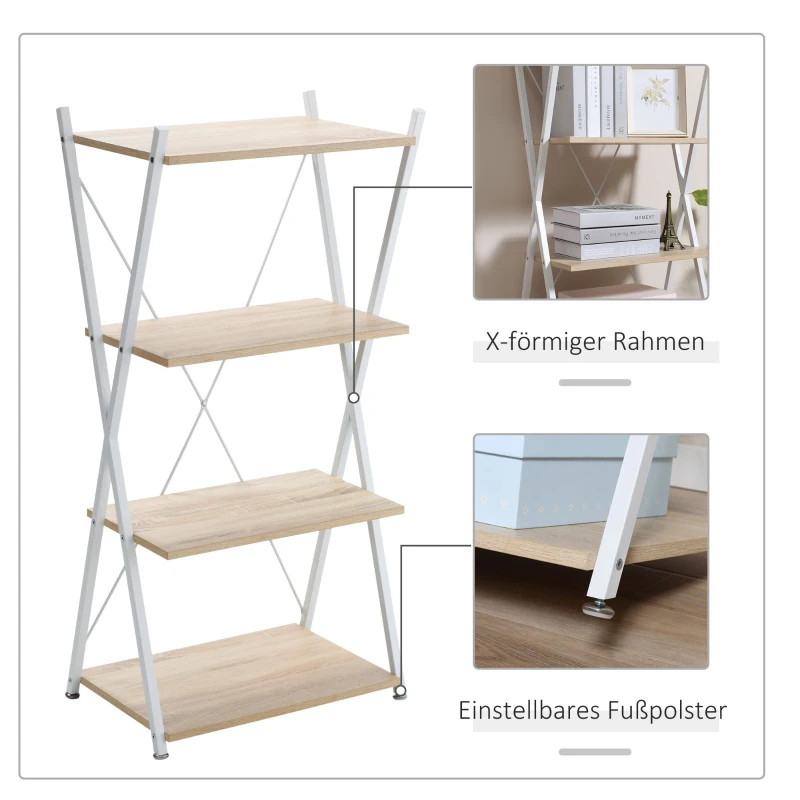 HOMCOM Bücherregal X-Form Standregal mit 4 Ebenen Aufbewahrungsregal für Wohnzimmer Schlafzimmer Küche Büro Spanplatte Metall Natur 54 x 35 x 110 cm