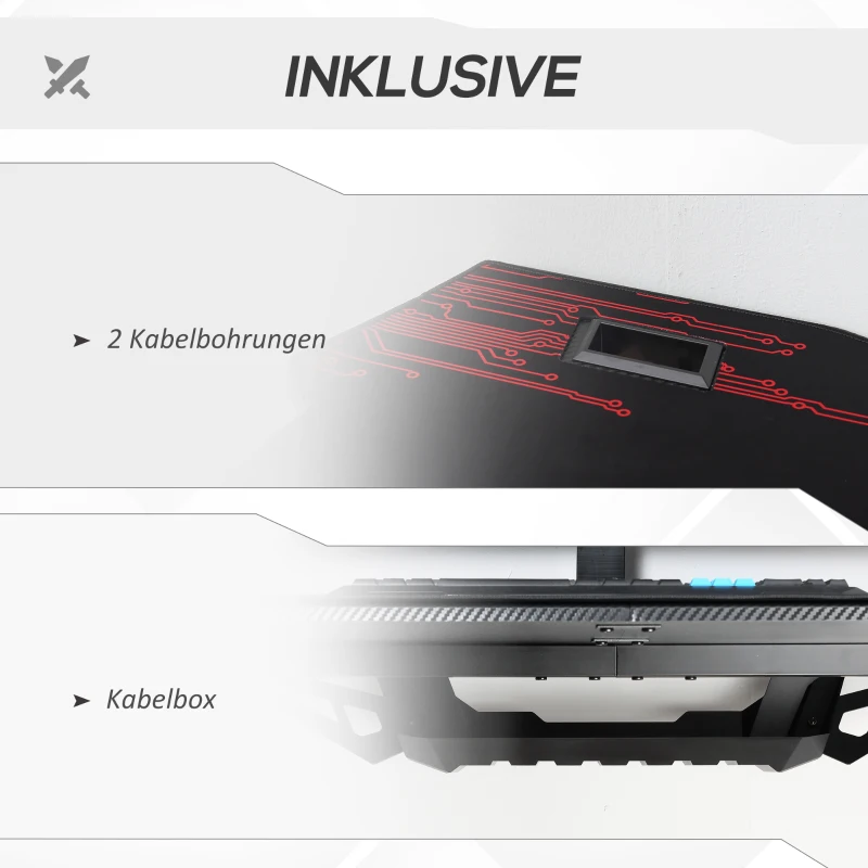 HOMCOM Gaming-tafel PC-tafel bureau met koptelefoonhaak bekerhouder computertafel metaal MDF zwart + rood 140 x 70 x 77 cm