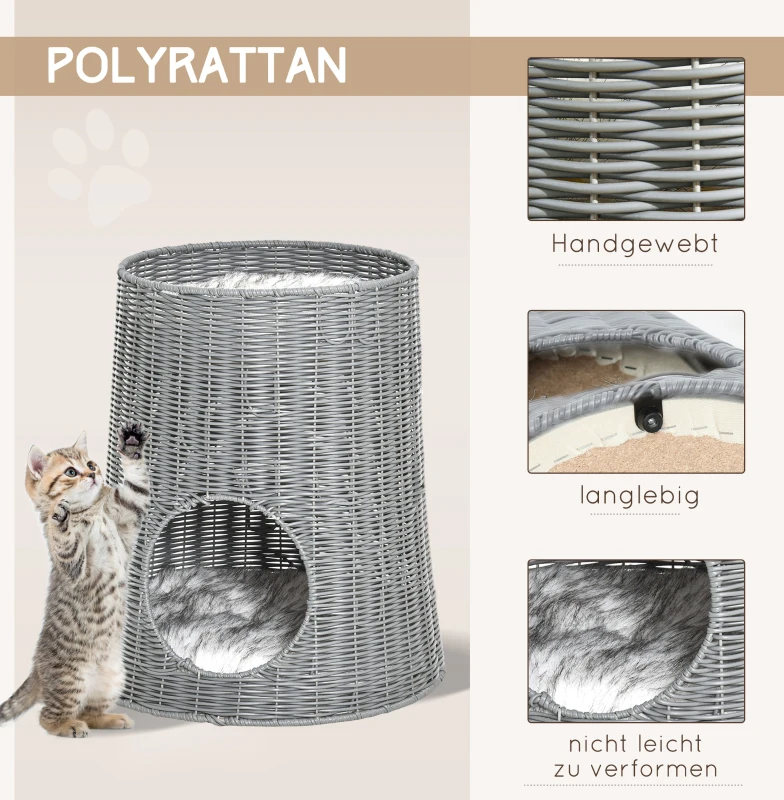 PawHut Katzenhöhle aus Rattan Katzenhaus Katzenbett Katzenkorb mit 2 Kissen Weidenkorb mit Liegedach zweistöckig geschlossenes Design handgewebt PE-Rattan Baumwolle Grau 45 x 45 x 50 cm