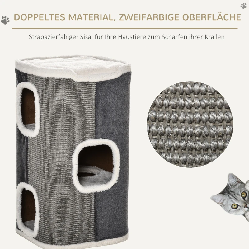 PawHut kattenkrabpaal kattenbak 3 niveaus kattenboom klimboom voor katten kattenmeubel spaanplaat fluweelachtig polyester sisal grijs + wit 40 x 40 x 74 cm