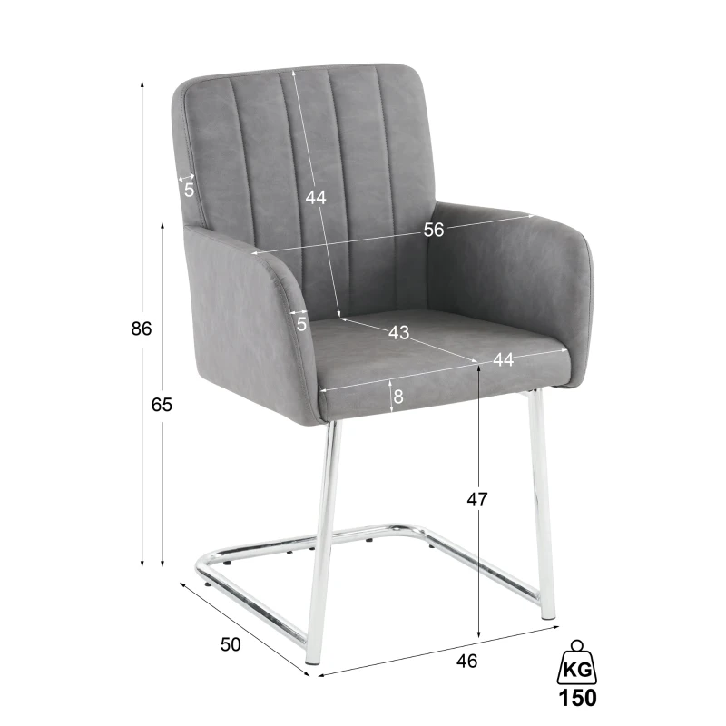 Set di 2 Sedie Moderne da Pranzo Imbottite in Finta Pelle e Gambe Metalliche per Camera e Studio, 46x50x856 cm, GRIGIO