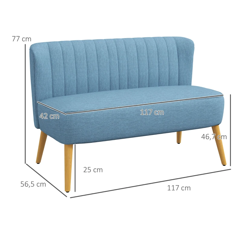 HOMCOM Sofa Retrodesign 2-zitsbank, houten poten, 117 cm x 56,5 cm x 77 cm, Lichtblauw(m-3)