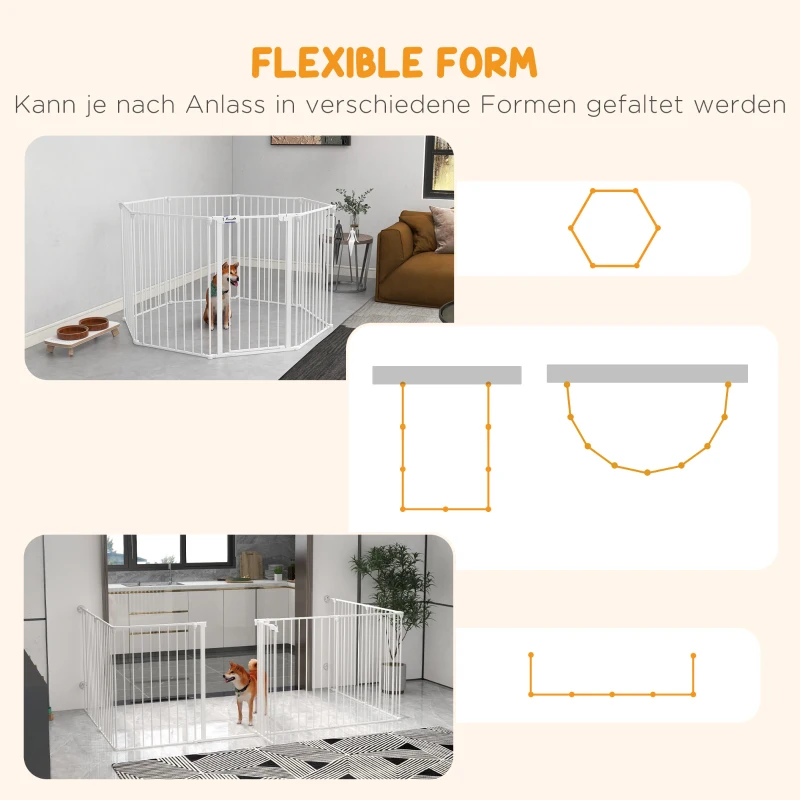 PawHut 2-in-1 Puppyren en Barrière, 8 Panelen, Vergrendelbare Deur, Staal, 90 cm Hoog, Wit(m-4)