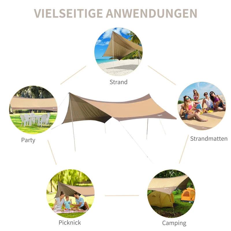 Outsunny Sonnensegel Tarp Sonnenschutz wasserdicht mit Aufstellstangen Camping Polyester Golden 555 x 550cm