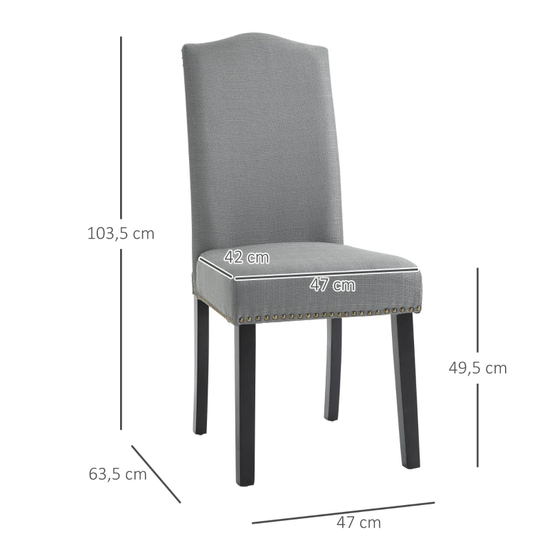 HOMCOM Esszimmerstühle 2er Set Küchenstuhl mit Rückenlehne, Sitzfläche aus Leinen, Schaumstoff, E1 MDF Kautschukholz, Grau, 47x63,5x103,5 cm