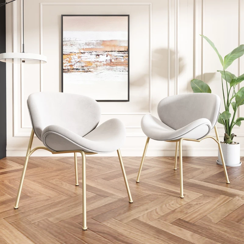Set di 2 Sedie Imbottite in tessuto effetto velluto con Gambe in Metallo Dorato, Beige