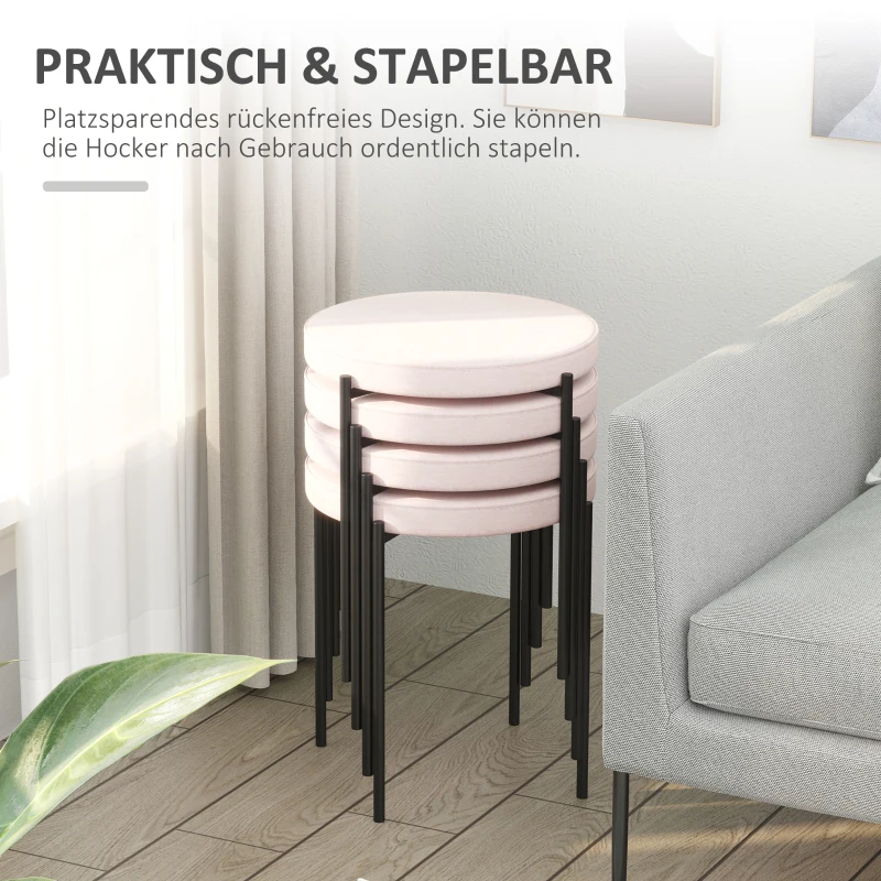 HOMCOM 4er-Set Hocker, Esszimmerhocker, Samtoptik, Rosa + Schwarz