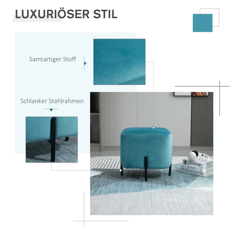 HOMCOM poef voetenbank bekleed polyester staal schuimstof turquoise 44,5 x 44,5 x 41,5 cm