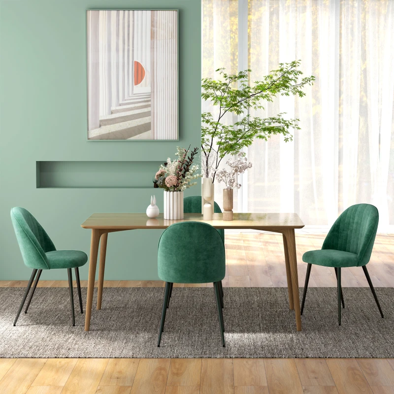 HOMCOM Set de 4 Scaune Tapițate Moderne cu Spătar Curbat, Catifea, Scaune din Țesătură, 50x52x83 cm, Verde