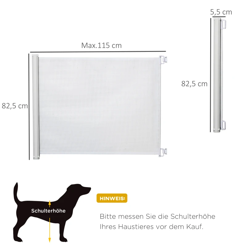 PawHut Treppenschutzgitter 115 cm Hunde Türschutzgitter Treppenschutz Sicherheitstrennwand Trennwand Türschutz ausziehbar treppenschutzrollo Rollo Einrollbar kunststoff Weiß