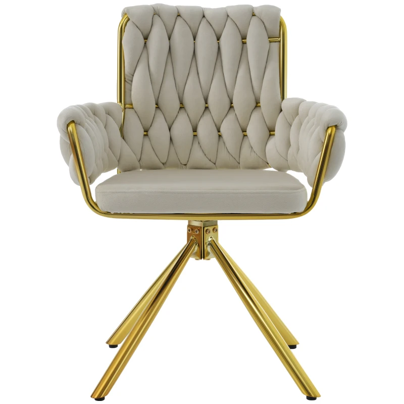 Set di 2 Sedie Imbottite in tessuto effetto velluto con Funzione Girevole a 360°, Schienale Alto e Braccioli, Struttura in Acciaio, Beige