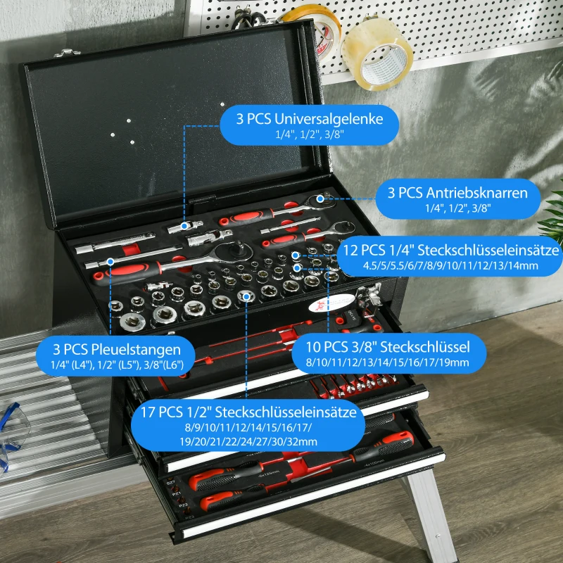 DURHAND Werkzeugkist met 116-delige gereedschapset, verrijdbaar, afsluitbaar, stalen behuizing, 45 x 24 x 27 cm, Zwart