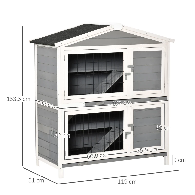PawHut Kleintierstall 2 Ebenen Design Zwergkaninchenstall Kleintierkäfig mit Rampe Kleintier Tannenholz Hellgrau+Weiß+Schwarz 119 x 61 x 133,5 cm