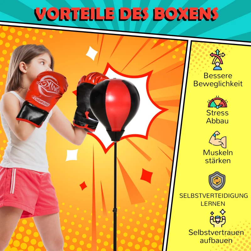 HOMCOM Boxset Boxstand für Kinder Punchingball Set höhenverstellbar 87,5-129,5 cm Standboxsack mit Boxhandschuhe Pumpe für Kinder 5-8 Jahre Metall Kunstleder Schwarz+Rot