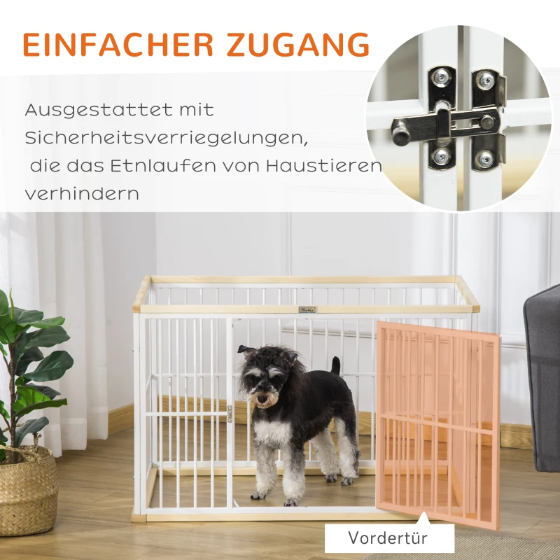 PawHut Welpenauslauf, Hundekäfig für Zuhause, Freigehege für Haustier, Hund Hundelaufstall Schutzgitter mit Tür Stahl Kiefernholz Weiß+Natur 93 x 61 x 59 cm