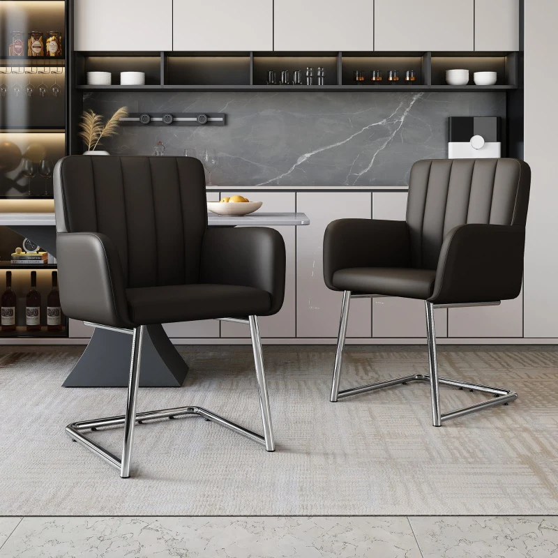 Set di 2 Sedie da Pranzo Moderne in finta pelle con Seduta Imbottita e Gambe Metalliche, 43x55x83cm, Marrone scuro