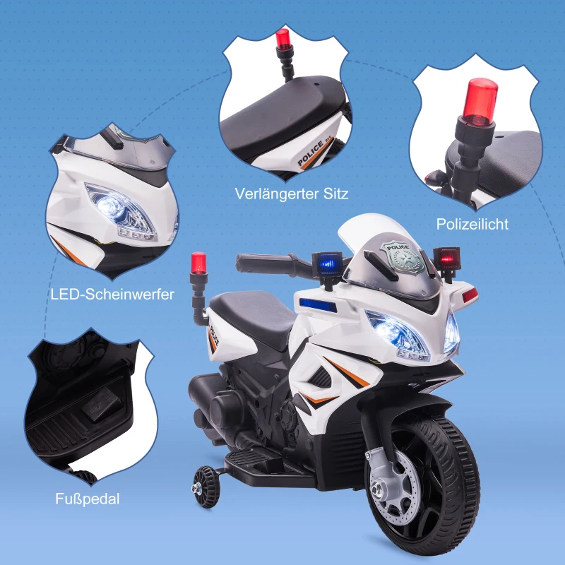 HOMCOM Kinder Polizei Elektromotorrad Polizeimotorrad Elektroauto Kinderwagen für 18 bis 36 Monaten mit 2 Scheinwerfer Polizeilichter Elektroquad Weiß+Schwarz 69 x 39 x 43 cm