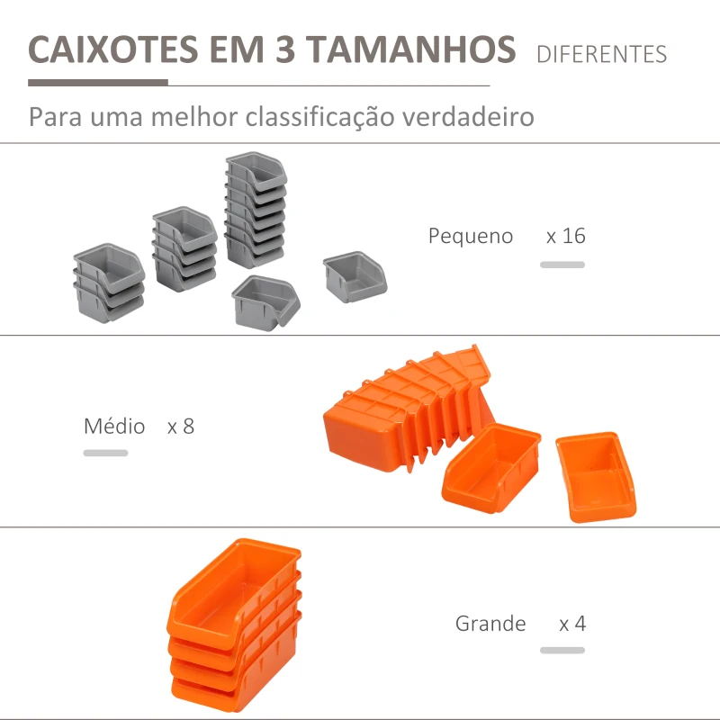 DURHAND Prateleira de Parede Organizador de Ferramentas com 28 Caixas Empilháveis e Ganchos 95,5x22,5x53,5 cm Cinza e Laranja