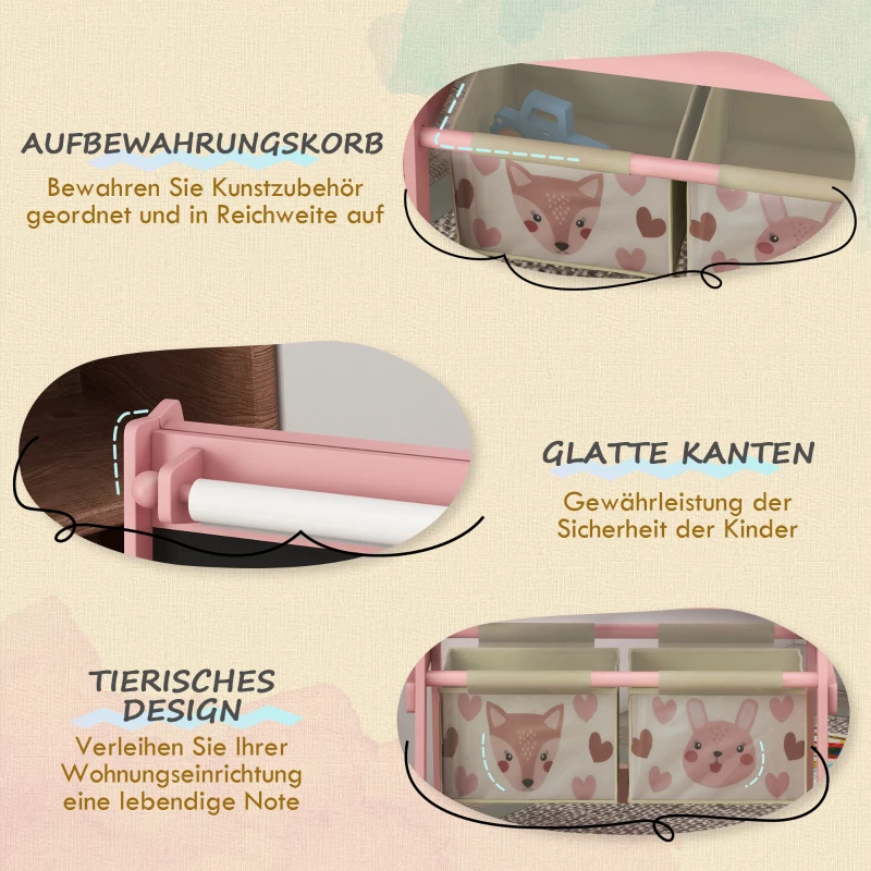 AIYAPLAY 3-in-1 Kinderstaffelei met Papierrol, Krijtbord, Whiteboard, Opbergmanden, 54 x 46,5 x 93 cm, Roze(m-5)