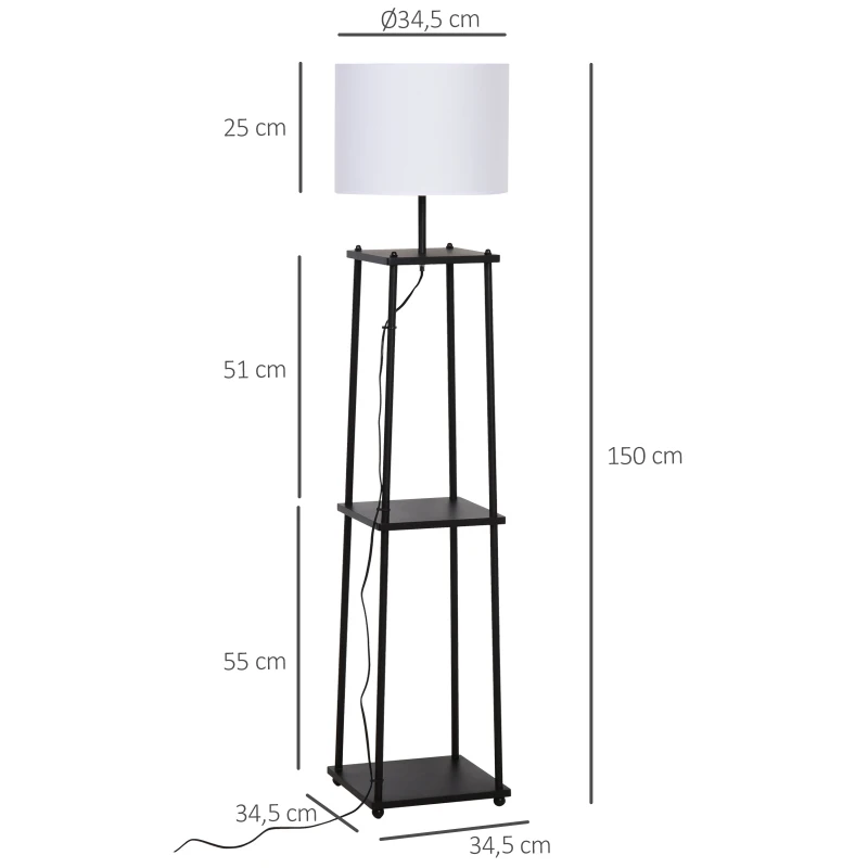HOMCOM Stehlampe mit Regal Standleuchte Lampe Sockel E27 Polyester Stahl MDF Schwarz+Weiß 34,5 x 34,5 x 150 cm