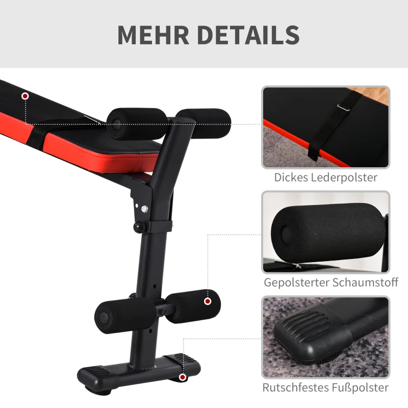 HOMCOM Hantelbank für Ganzkörpertraining Mehrzweck-Hantelbank Trainingsbank zusammenklappbar 110 kg Belastbarkeit Stahl Schwarz+Rot 125 x 35 x 60 cm