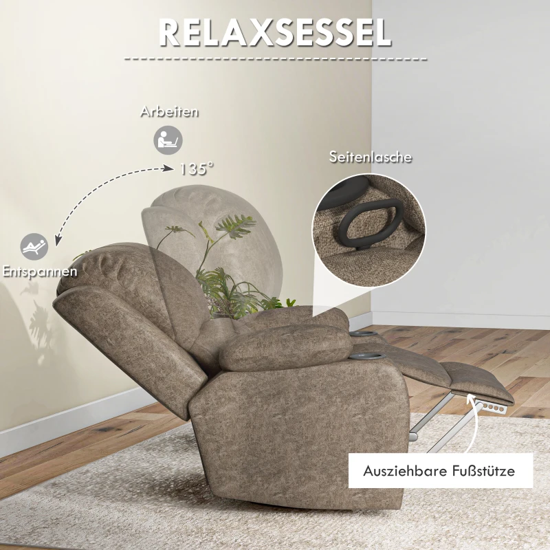 HOMCOM Relaxstoel met voetensteun en ligfunctie, inclusief bekerhouder, tv-stoel, 87 cm x 95 cm x 102 cm, Donkerbruin