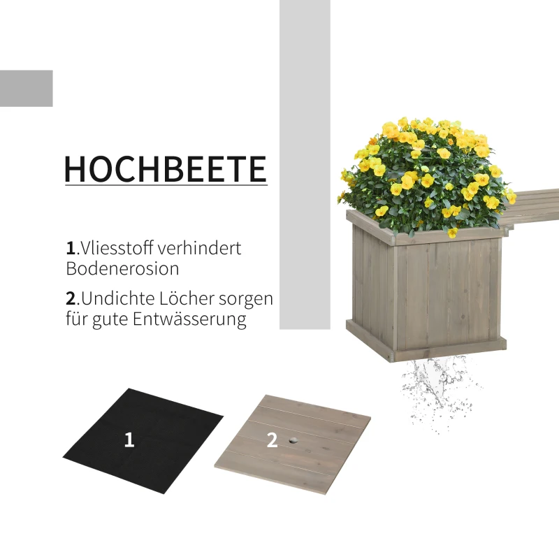 Outsunny  Hochbeet Gartenbank mit 2 Pflanzkasten Holz Sitzbank mit Blumenkasten Garten Holzbank Parkbank Hellgrau 176 x 38 x 40 cm