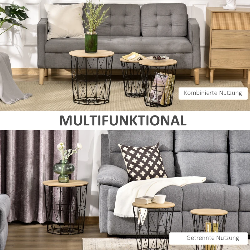 HOMCOM Couchtisch Beistelltisch 3-teilig Nachttisch Korbtisch mit abnehmbaren Deckel mit durchbrochenes modernes Design Satztisch Wohnzimmer Schlafzimmer Metall MDF Naturholz+Schwarz  Ø42 x 45H cm