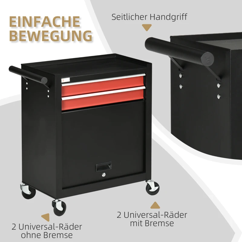 DURHAND Werkzeugwagen mit 4 Rollen, 2 Schubladen, 1 Schrank, 62 cm x 33 cm x 74 cm,  Rot + Schwarz