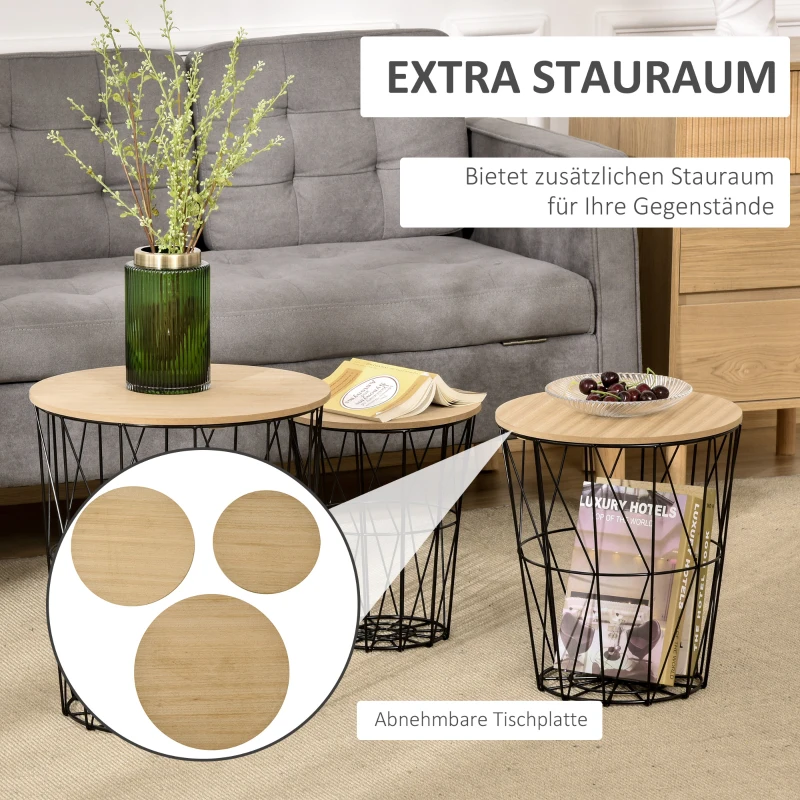 HOMCOM Couchtisch Beistelltisch 3-teilig Nachttisch Korbtisch mit abnehmbaren Deckel mit durchbrochenes modernes Design Satztisch Wohnzimmer Schlafzimmer Metall MDF Naturholz+Schwarz  Ø42 x 45H cm