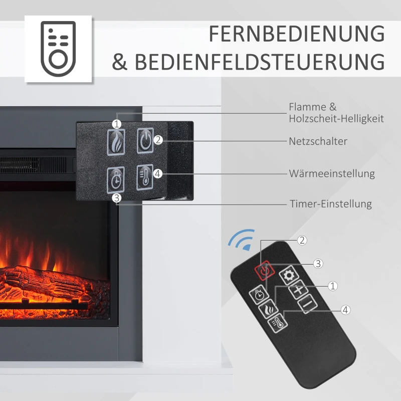 HOMCOM LED elektrische haard staande haard haardkachel met vlameffect 1800 / 2000W MDF PB panelen staal glas PP kunststof PVC wit 113 x 26,6 x 87,5 cm(m-5)